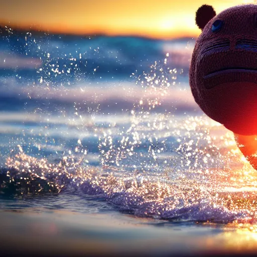 Image similar to a closeup photorealistic photograph of a cute smiling knitted tiger hippopotamus chasing a beachball at sunset. surf in the background. professional capture. this 4 k hd image is trending on artstation, featured on behance, well - rendered, extra crisp, features intricate detail, epic composition and the style of unreal engine.