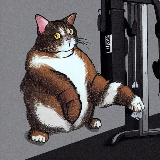 Image similar to a very fat cat doing exercises at the gym, photorealistic, hd