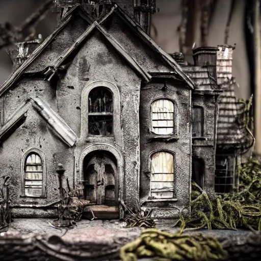 Image similar to 90mm f/2.8 macro photo of a haunted house diorama by tim burton