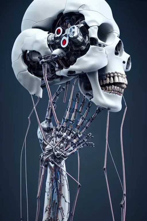 Image similar to a robot holding a human skull on its hand, perfect symmetrical body, full body shot, inflateble shapes, wires, tubes, veins, white biomechanical, wearing epic bionic cybor implants, masterpiece, intricate, biopunk vogue, highly detailed, artstation, concept art, cyberpunk, octane render