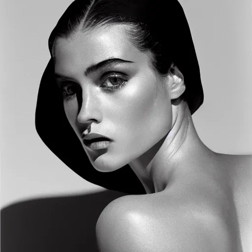 Prompt: black and white vogue extreme closeup portrait by herb ritts of a beautiful female model, high contrast
