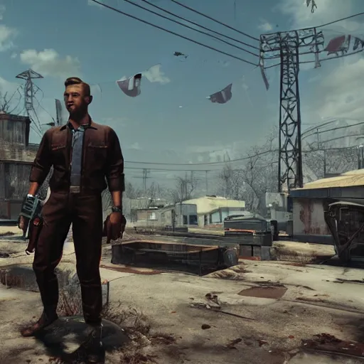 Prompt: ryan gosling in fallout 4 holds a minigun in his hands