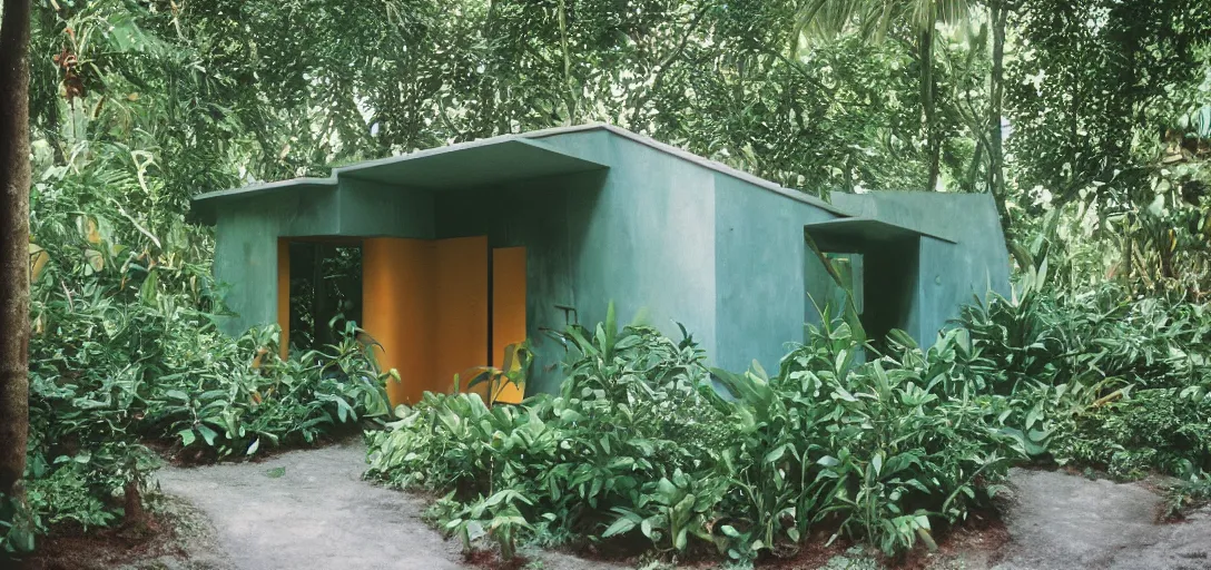 Image similar to shotgun shack designed by dali. outdoor landscaping designed by roberto burle marx. fujinon premista 1 9 - 4 5 mm t 2. 9. portra 8 0 0.