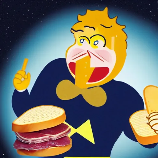 Prompt: the hero of the multiverse eating a ham and cheese sandwich