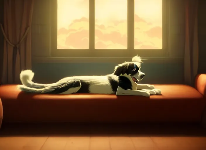 Image similar to a wholesome animation key shot of an australian shepherd, sleeping on a leather couch, studio ghibli, pixar and disney animation, sharp, rendered in unreal engine 5, anime key art by greg rutkowski, bloom, dramatic lighting