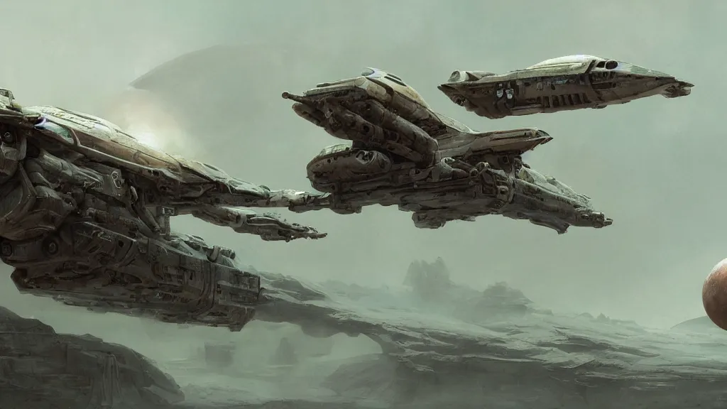 Image similar to small organic dropship lander design by john schoenherr and glenn barr, epic cinematic matte painting