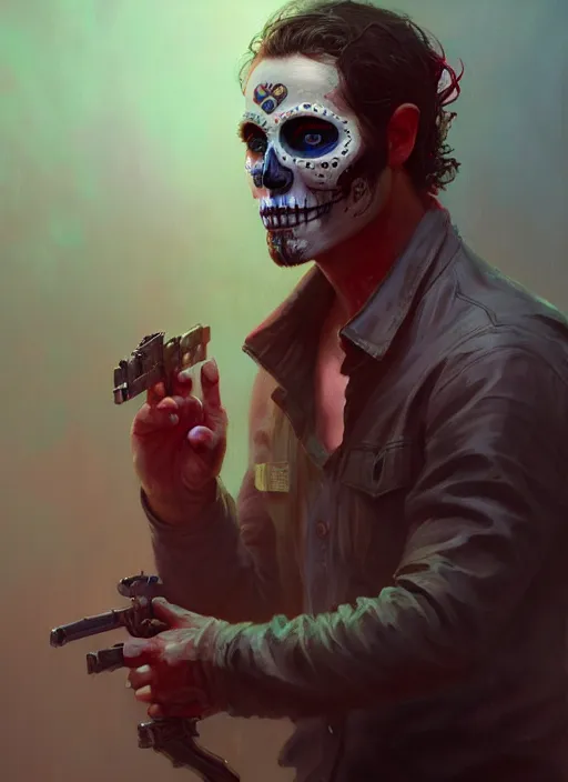 Image similar to portrait of dia de muertos as rick grimes, extremely detailed digital painting, in the style of fenghua zhong and ruan jia and jeremy lipking and peter mohrbacher, mystical colors, rim light, beautiful lighting, 8 k, stunning scene, raytracing, octane, trending on artstation