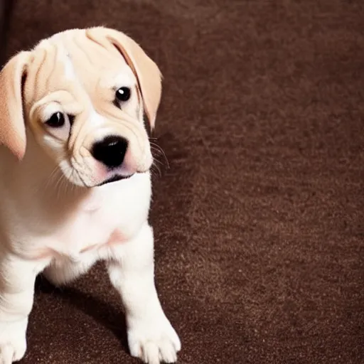 Image similar to a sad puppy staring at its own reflection in the mirror