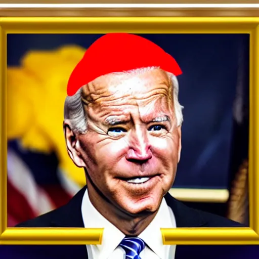 Image similar to joe biden wearing a burger on his head, burger hat