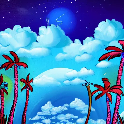 Image similar to rainbow cotton candy clouds at night in the moonlight over an aqua lagoon surrounded by crystal palm trees, trending on deviant art, art station.