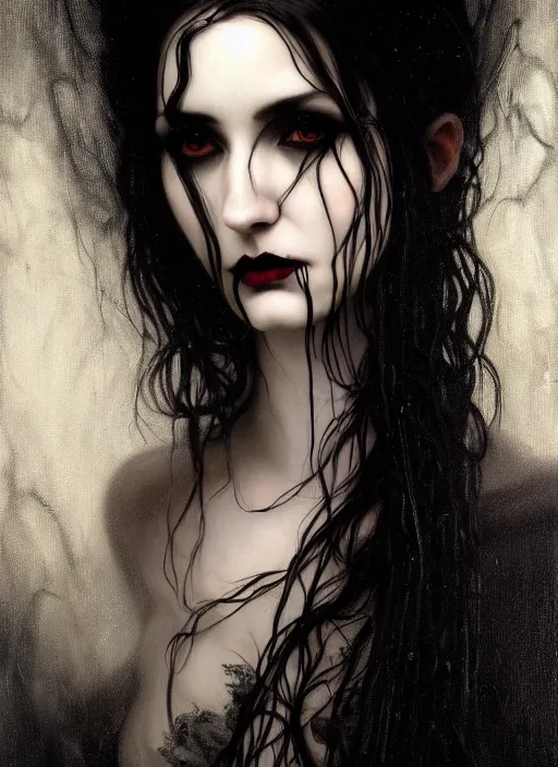 Prompt: highly detailed oil painting | very intricate | cinematic lighting | black, white and blood color scheme, dark background | portrait of a exquisite beautiful vampire woman with long elegant tangles of black hair, eyes, gothic fog ambience, hyper realistic head, fantasy victorian art, in the style of greg rutkowski, zdizslaw beksinski, intricate, alphonse mucha