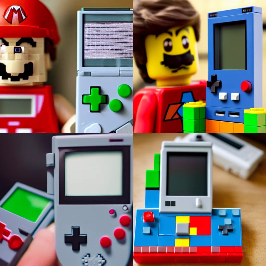 Prompt: lego super mario playing a gameboy