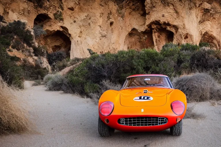 Image similar to cinematography of Ferrari 250 GTO series 2 on El Matador State Beach by Emmanuel Lubezki