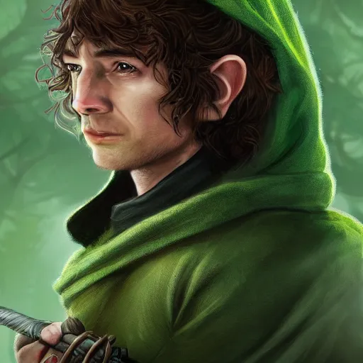 Prompt: a portrait of a hobbit rogue wearing a dark green hood and a cloak in the forest, wearing adventure gear, holding a sword, ultra realistic, detailed, masterpiece, short brown hair, clean shaven, by Tony Sart and Randy Vargas, trending on ArtStation