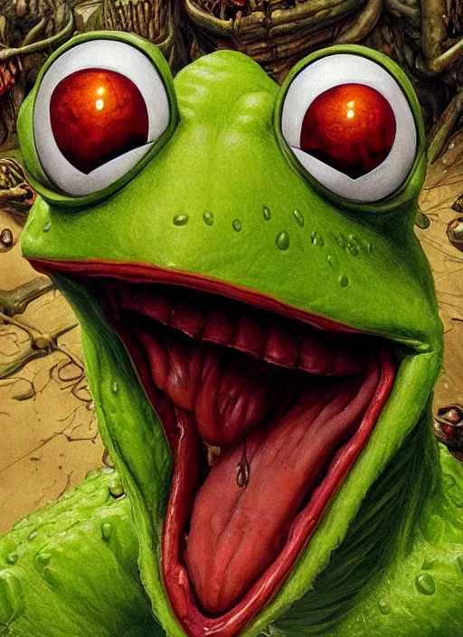 Image similar to portrait of Kermit the frog in Evil Dead (2013), highly detailed, centered, solid color background, digital painting, artstation, concept art, smooth, sharp focus, illustration, artgerm, donato giancola, Joseph Christian Leyendecker, Les Edwards, WLOP, Basil Gogos, Artgerm