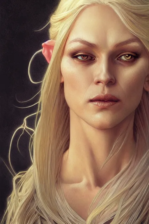 Image similar to portrait of an old blonde elven mage, dark, piercing eyes, gentle expression, elegant clothing, photorealistic, highly detailed, artstation, smooth, sharp focus, art by michael whelan, artgerm, greg rutkowski and alphonse mucha