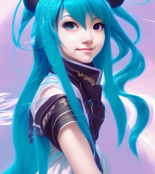 Image similar to portrait of disney hatsune miku!!, intricate, elegant, highly detailed, digital painting, artstation, concept art, smooth, sharp focus, illustration, art by artgerm and greg rutkowski and alphonse mucha and uang guangjian and gil elvgren and sachin teng and wlop, symmetry!!