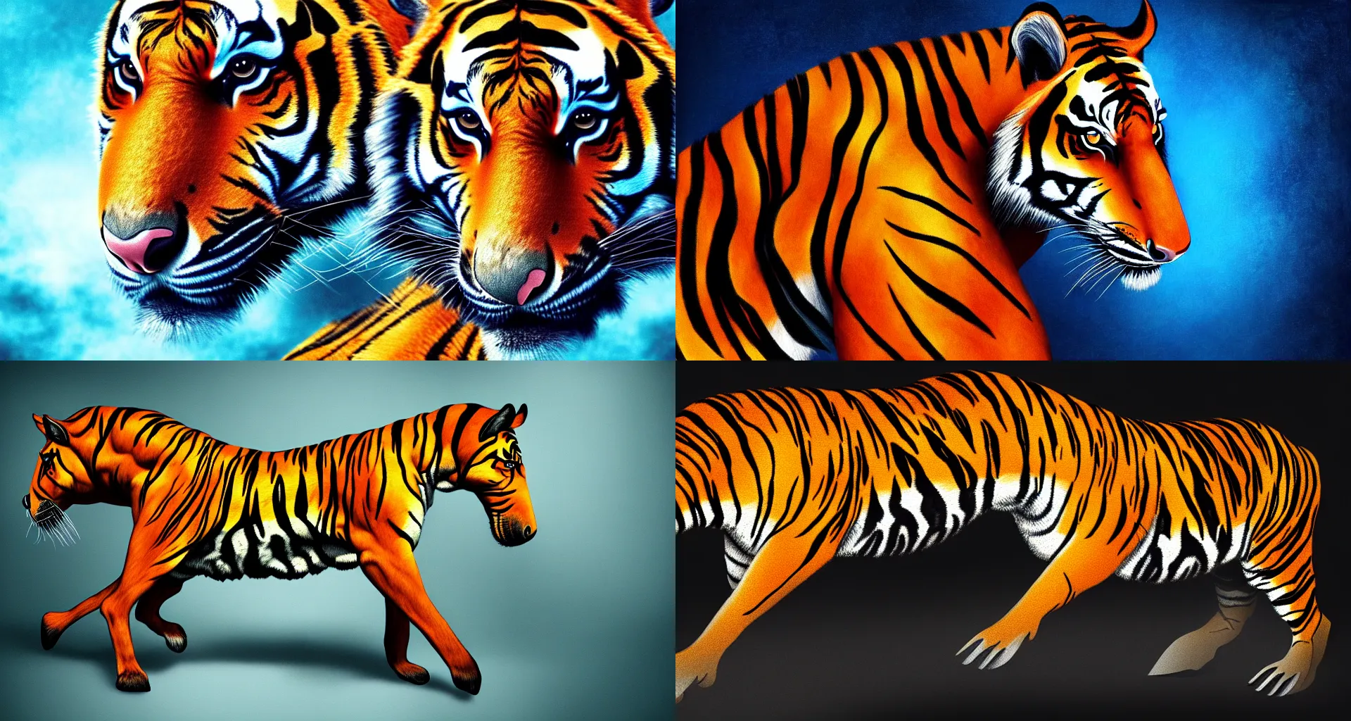 Prompt: a digital painting of a horse - tiger hybrid, isolated, hyperealism, award winning, stunning, trending on art - sation, highly detailed, cinematic lighting, 8 k, hd