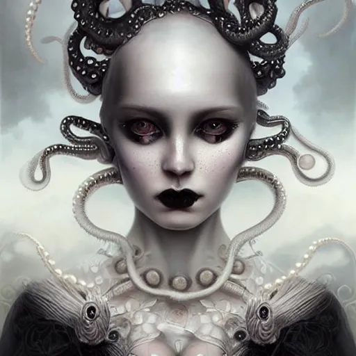 Prompt: By Tom Bagshaw, ultra realist soft painting of a curiosities carnival pearls and tentacles by night, very beautiful female dollpunk in full gothic dress, symmetry accurate features, very intricate details, omnious sky, black and white, volumetric light clouds