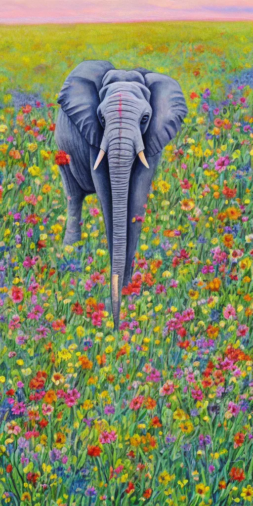 Image similar to painting elephant in field of flowers,