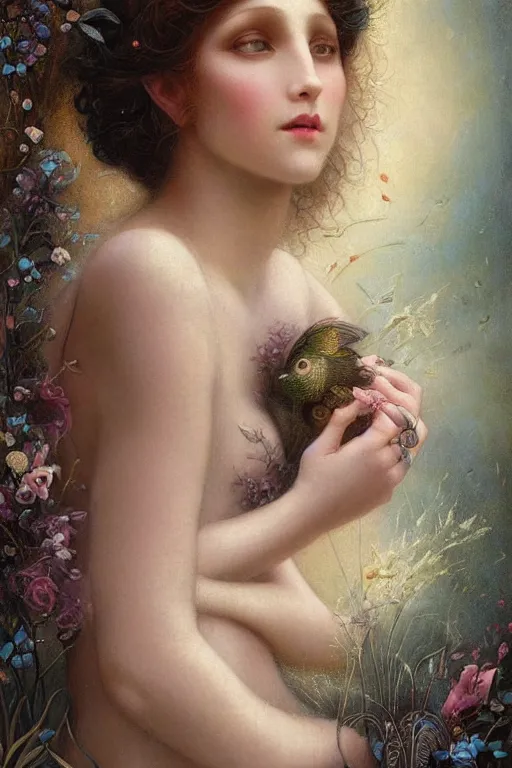 Image similar to An extremely beautiful young woman explaining the birds and the bees by Tom Bagshaw in the style of a modern Gaston Bussière, art nouveau, art deco, surrealism. Extremely lush detail. Melancholic night scene. Perfect composition and lighting. Profoundly surreal. High-contrast lush surrealistic photorealism. Sultry and mischievous expression on her face.