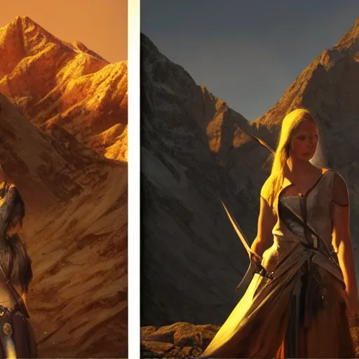 Image similar to a woman with a sword standing in front of a mountain, a character portrait by René Auberjonois, trending on cgsociety, photorealism, reimagined by industrial light and magic, #vfxfriday, anamorphic lens flare