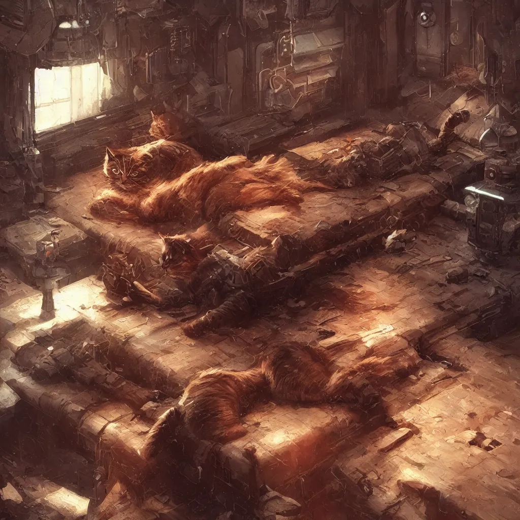 Prompt: cat character laying on bed, wood carved bed, darth vader as cat waiter, cute cat, cyber punk cat, big cat, super powers, concept art, by greg rutkowski, old copper pipes, complementing colors