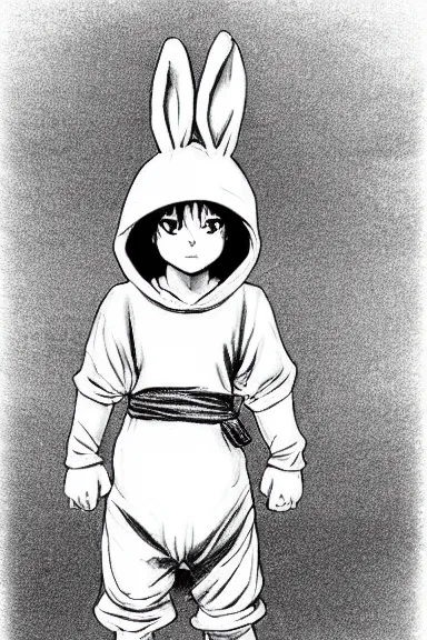 Prompt: attractive little boy wearing an bunny suit, black and white artwork made by kentaro miura