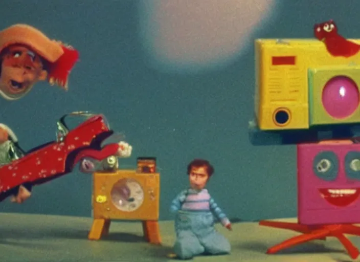 Prompt: a still from a 1 9 8 0 s stop - motion children ’ s tv programme, vhs distortion