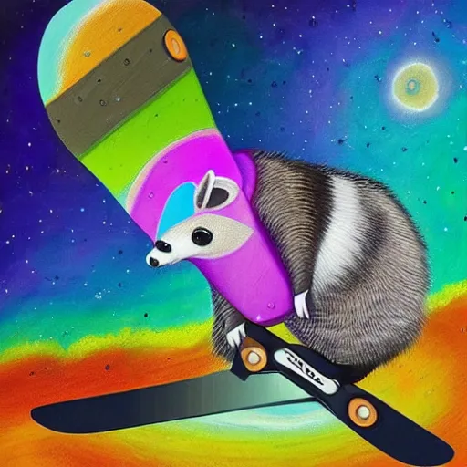 Image similar to fat raccoon skating through the cosmos, colorful, realistic, photorealism