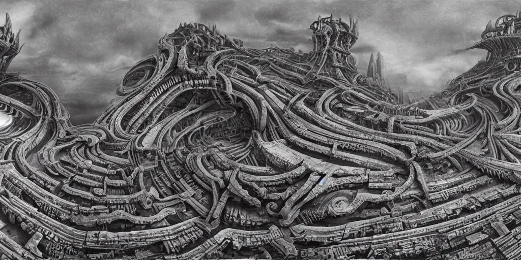 Prompt: equirectangular matte painting of a biomechanical landscape by hr giger