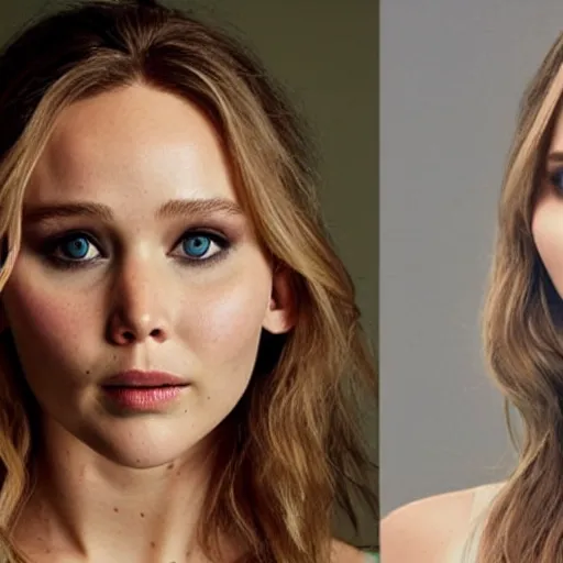 Image similar to a woman who is a genetic combination of jennifer lawrence and elizabeth olsen face and upper - body focus