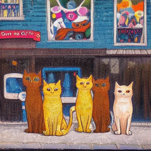 Prompt: A group of photogenic cats at a car wash by Louis Wain, trending on artstation