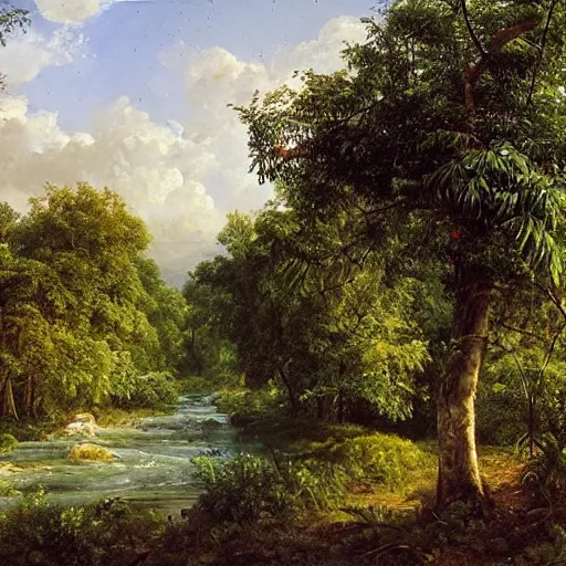 Prompt: tropical fruit trees and white milk river, wide shot, golden hour, landscape painting by ivan shishkin