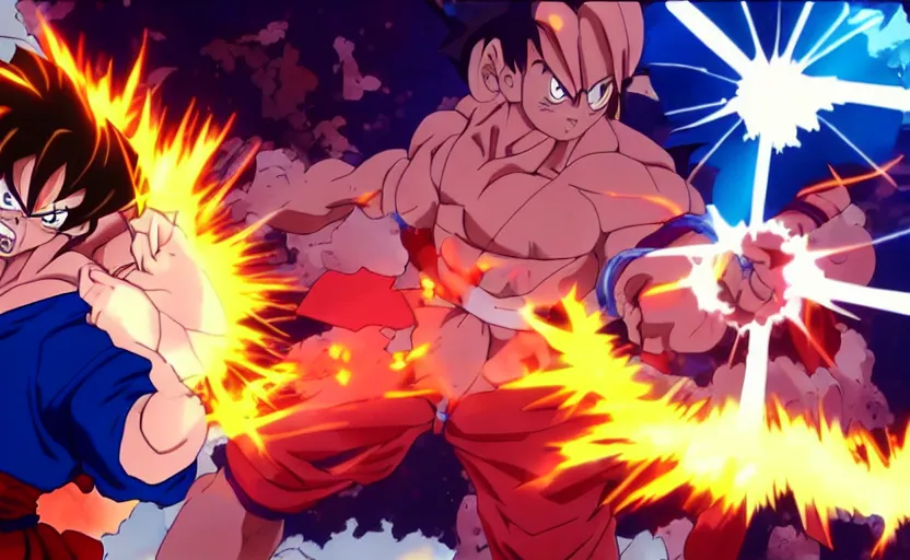 Prompt: jesus christ and goku having an epic anime fight, epic, anime movie frame, cinematic composition