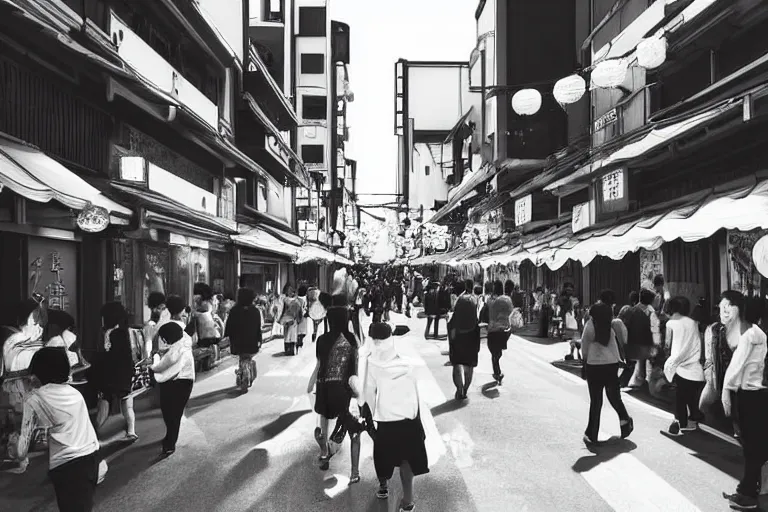 Image similar to still photo of a japanese street festival, black and white color aesthetic, highly detailed, photorealistic portrait, bright studio setting, studio lighting, crisp quality and light reflections, unreal engine 5 quality render