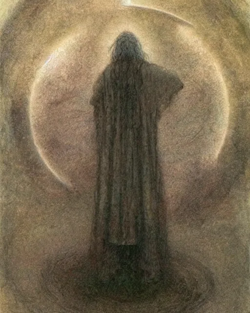 Image similar to a druid standing in a circle at the beginning of the world by alan lee