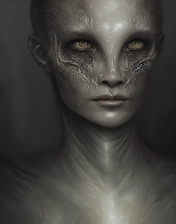 Image similar to Alien grey portrait, atmospheric lighting, painted, intricate, ultra detailed by Leesha Hannigan, Thierry Doizon, Kai Carpenter, well composed, best on artstation, cgsociety, epic, stunning, gorgeous, intricate detail, wow, masterpiece