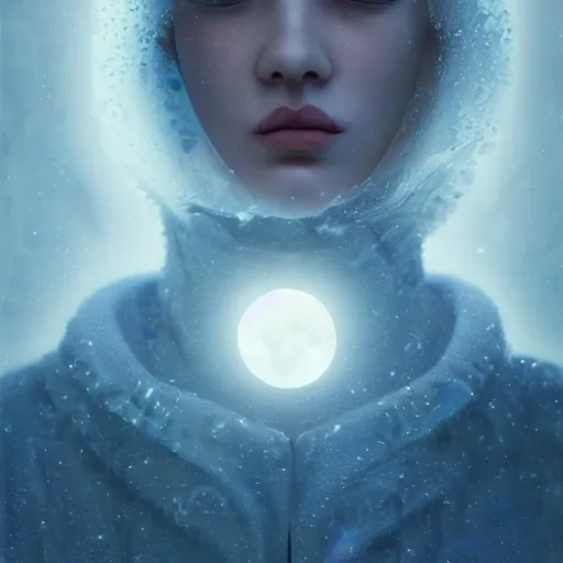 Image similar to 3 d, sci - fi, close - up, winter, fashion model esthete with disgust face, moon rays, cinematic, fog, multiple exposure, deep blue mood, vogue cover style, poster art, intricate oil painting, high detail illustration, figurative art, poster art, by tooth wu and wlop and beeple and greg rutkowski