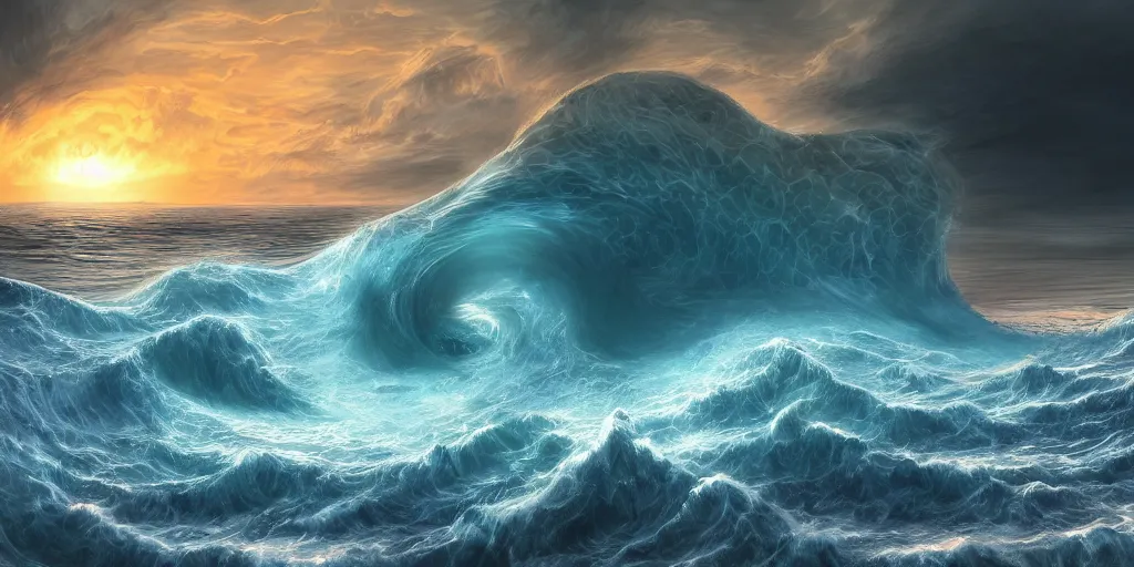 Image similar to giant waves surrounding a beach with Cthulhu inside of them, digital art, 4k