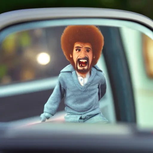 Image similar to a tiny screaming angry bob ross running your in rear view mirror, photograph