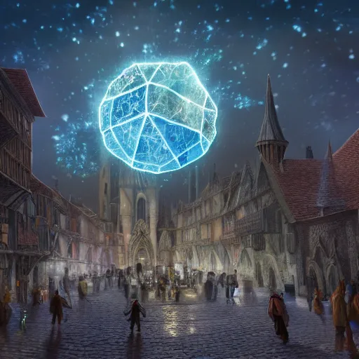 Prompt: A Giant magical glowing gem meteorite in the middle the plaza of a medieval city, beautiful, concept art, sharp focus, highly detailed, intricate, still, photograph, fantasy, medieval, midday, day, sunny, shimmering, realistic, 8k, award winning, trending on artstation, Dungeons and dragons, tabletop, in the style of Wizards of the coast