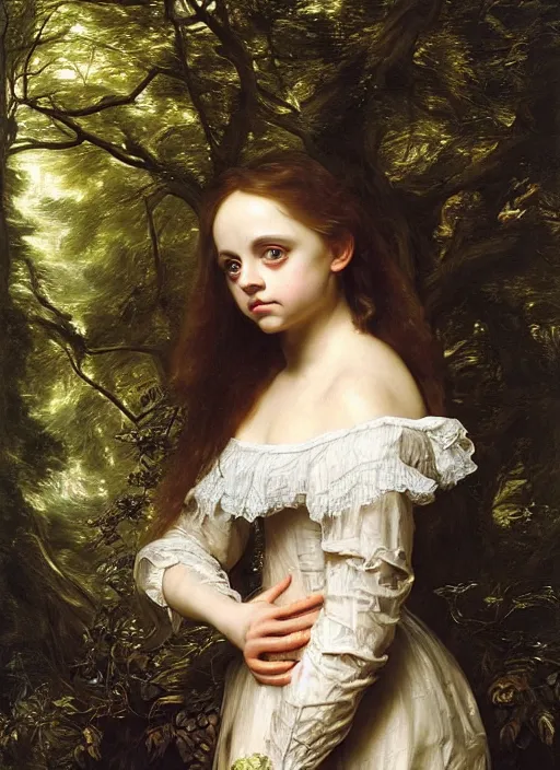 Image similar to Beautiful angel teenager, Looks like Christina Ricci, In the woods, Dramatic, Edge, Good, Infused, Backlight, De-Noise, VFX, insanely detailed and intricate, hypermaximalist, elegant, ornate, hyper realistic, super detailed, by Anthony Van Dyck, by Ivan Shishkin, by John Constable