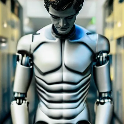 Image similar to “a realistic detailed photo of a guy who is an attractive humanoid who is half robot and half humanoid, who is a male android, Andrew Garfield, shiny skin, posing like a statue, blank stare”