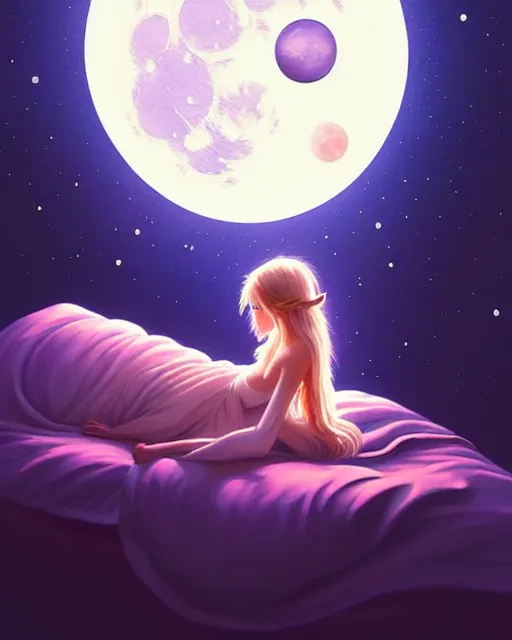 Image similar to beautiful painting of a elven sleeping on her bed with a smiling moon over her, space art, sense of awe, art by mike winkelmann, ross tran, sky night, illustration, highly detailed, simple, smooth and clean vector curves, no jagged lines, vector art, smooth, artstation