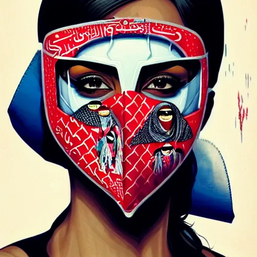 Image similar to a portrait of a saudi woman with side profile blood in ocean intricate details wearing a diver mask by MARVEL comics and Sandra Chevrier-C