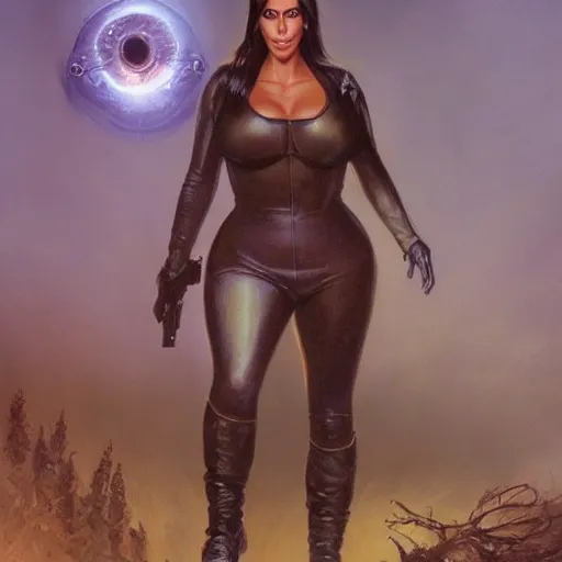 Prompt: kim kardashian as a cop, police uniform, chest and face in view, full portrait, haunted forest with ufo sitting in the distant fog, pretty, aesthetic, dust molecules, matte detailed photo, DeviantArt, Artstation, by donato giancola, ralph horley, loish, ufo lighting