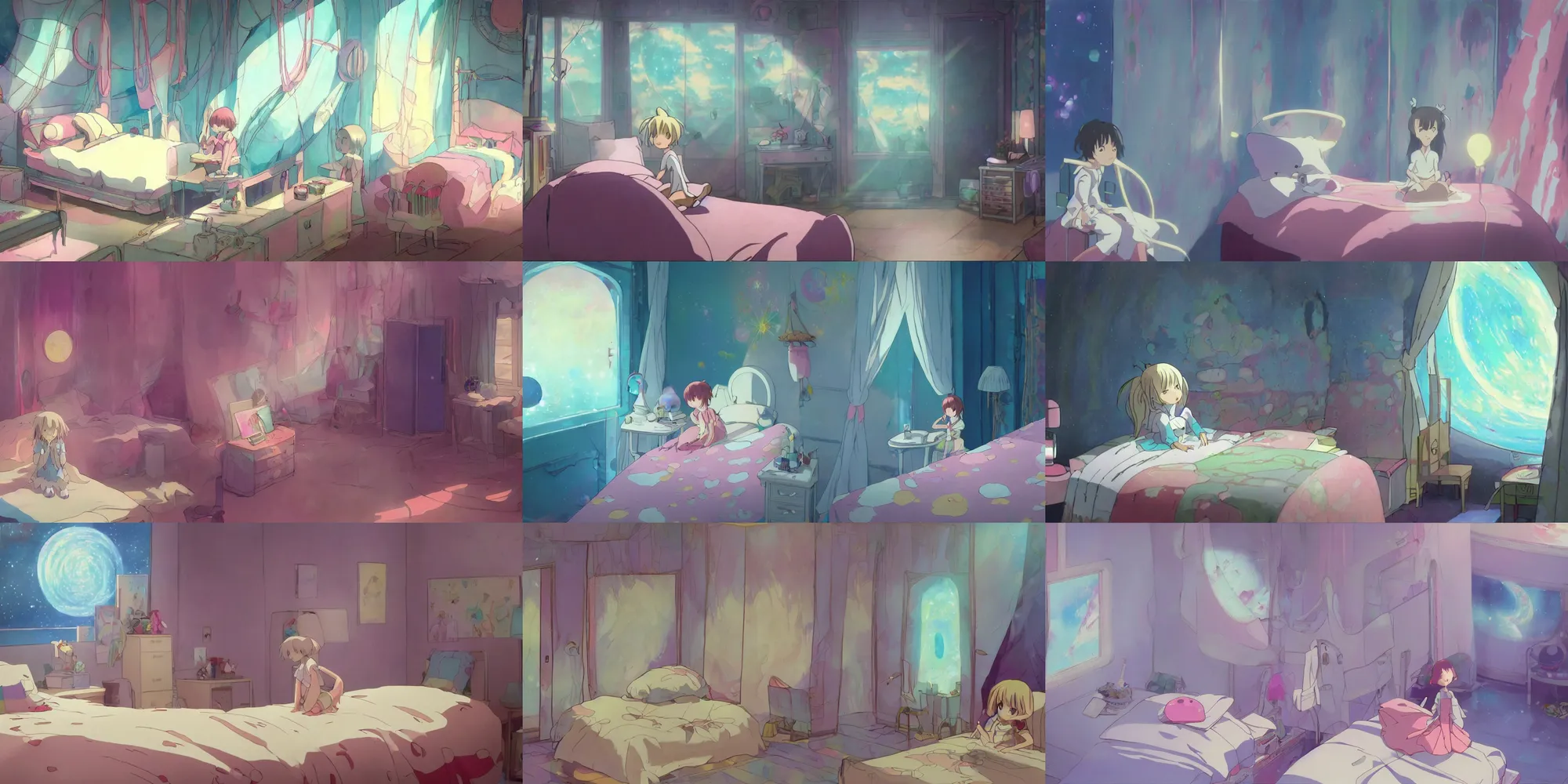 Prompt: a painting of a small girl's bedroom with a beyond - dimensional alien fantasy prism infused with a dream, sitting on the bedside table, in a screenshot from the ethereal science fiction anime film by studio ghibli