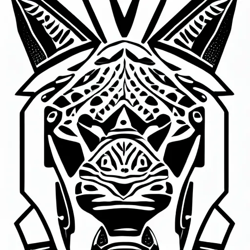 Image similar to jaguar head tattoodesign, geometrical, symmetrical, frontview, black and white, white background.