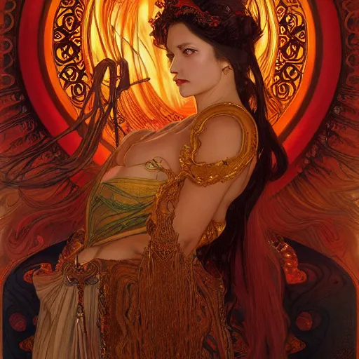 Prompt: an portrait of a beautiful alluring female demon goddess with fire in her glowing eyes, detailed, centered, digital painting, artstation, concept art, donato giancola, Dante Gabriel Rossetti, alphonse mucha, Joseph Christian Leyendecker, WLOP, Boris Vallejo, Breathtaking, 8k resolution, extremely detailed, beautiful, establishing shot, artistic, hyperrealistic, beautiful face, octane render